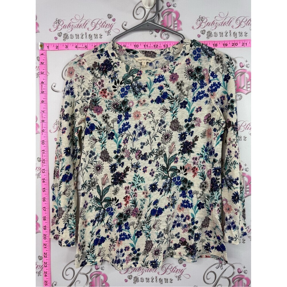 Rebecca Taylor linen Cream Long-Sleeve Crewneck Top with Blue Pink Floral Print